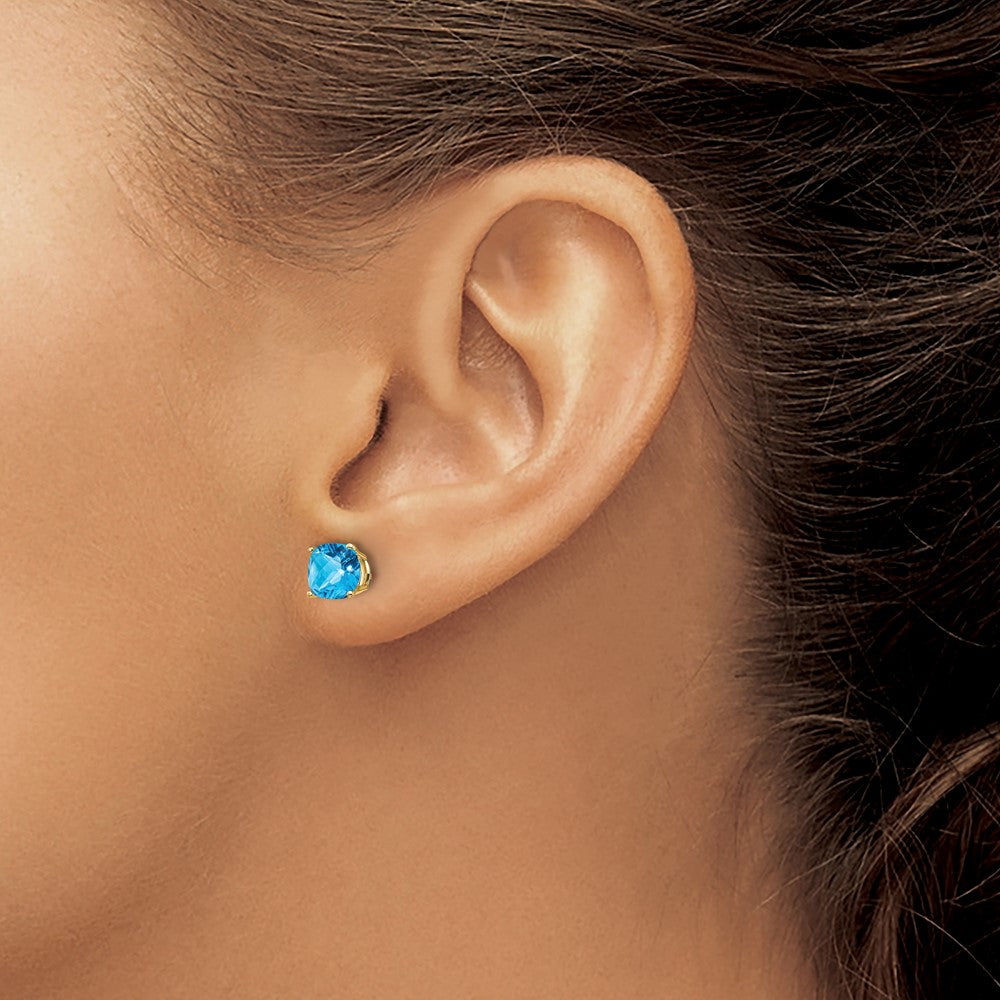 14k 6mm Cushion Blue Topaz Checkerboard Post Earrings