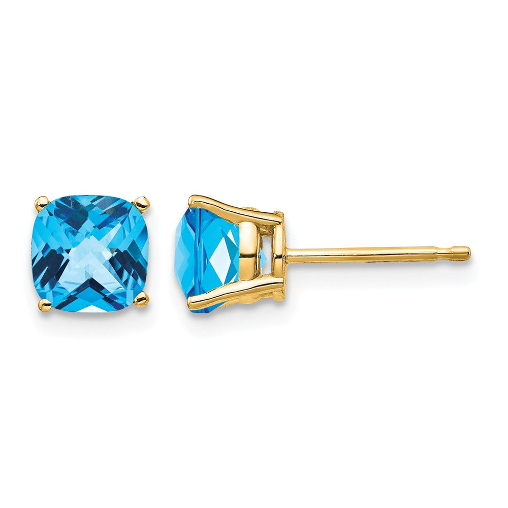 14k 6mm Cushion Blue Topaz Checkerboard Post Earrings