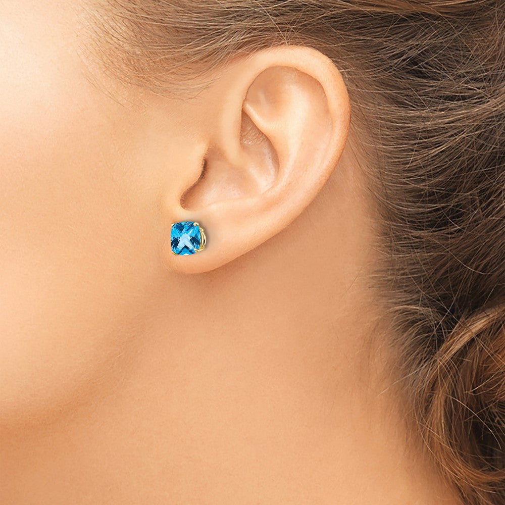 14k 7mm Cushion Blue Topaz Checkerboard Post Earrings