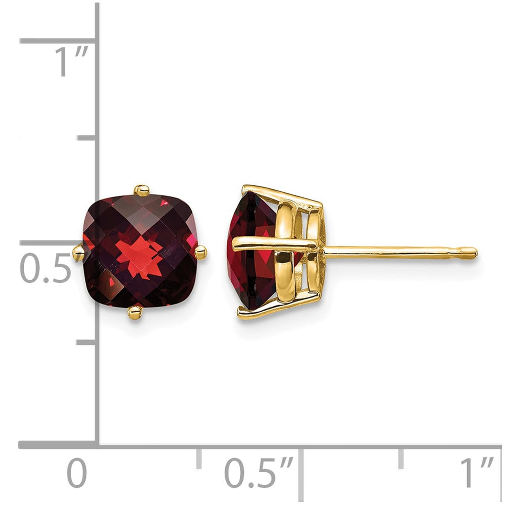 14k 7mm Cushion Garnet Checkerboard Post Earrings