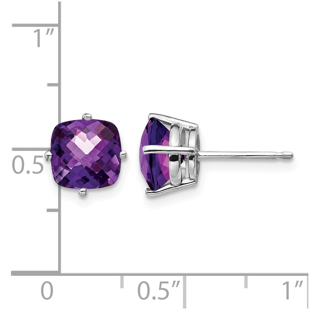 14k White Gold 7mm Cushion Amethyst Checkerboard Post Earrings