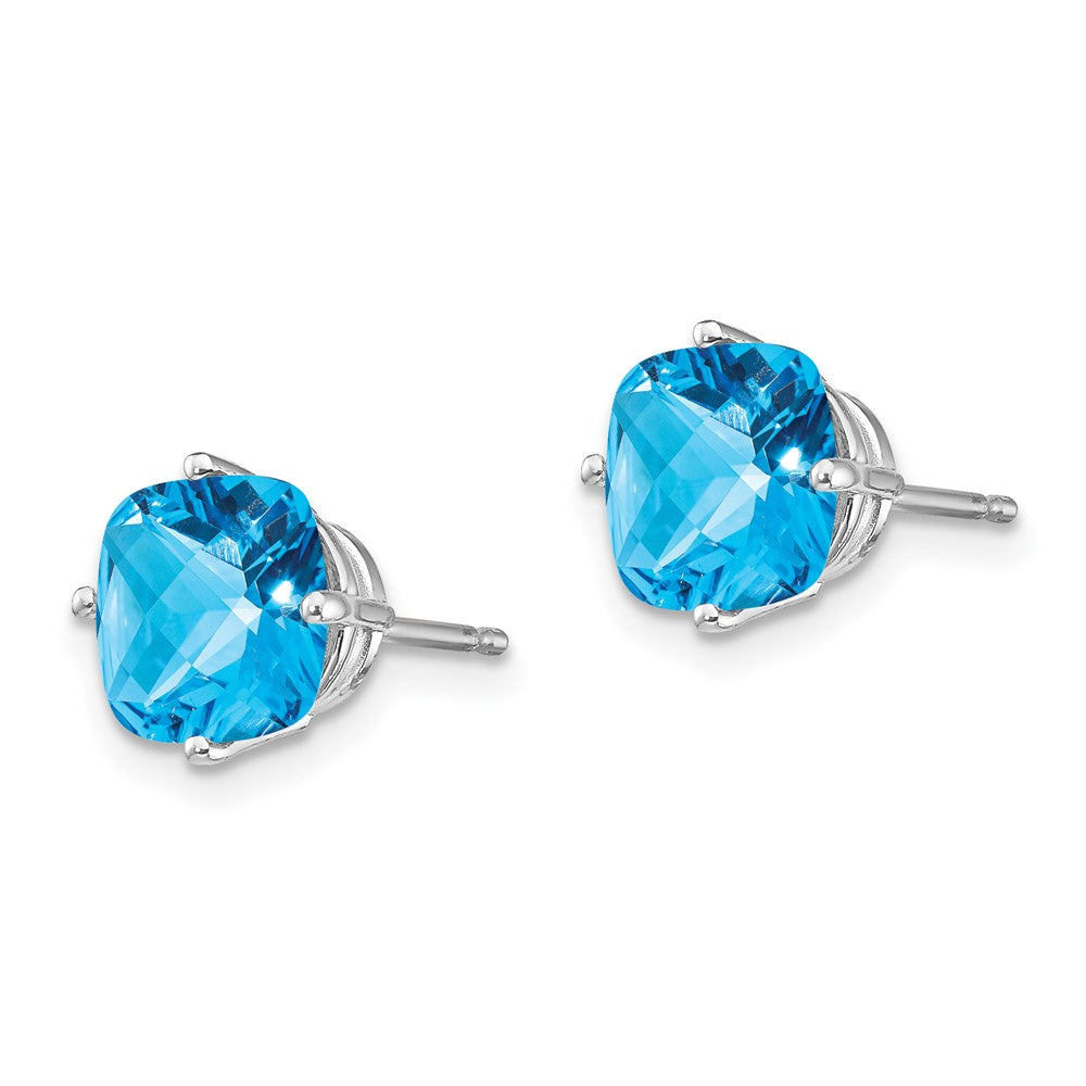 14k White Gold 7mm Cushion Blue Topaz Checkerboard Post Earrings