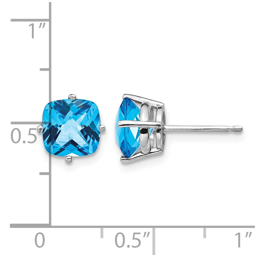 14k White Gold 7mm Cushion Blue Topaz Checkerboard Post Earrings
