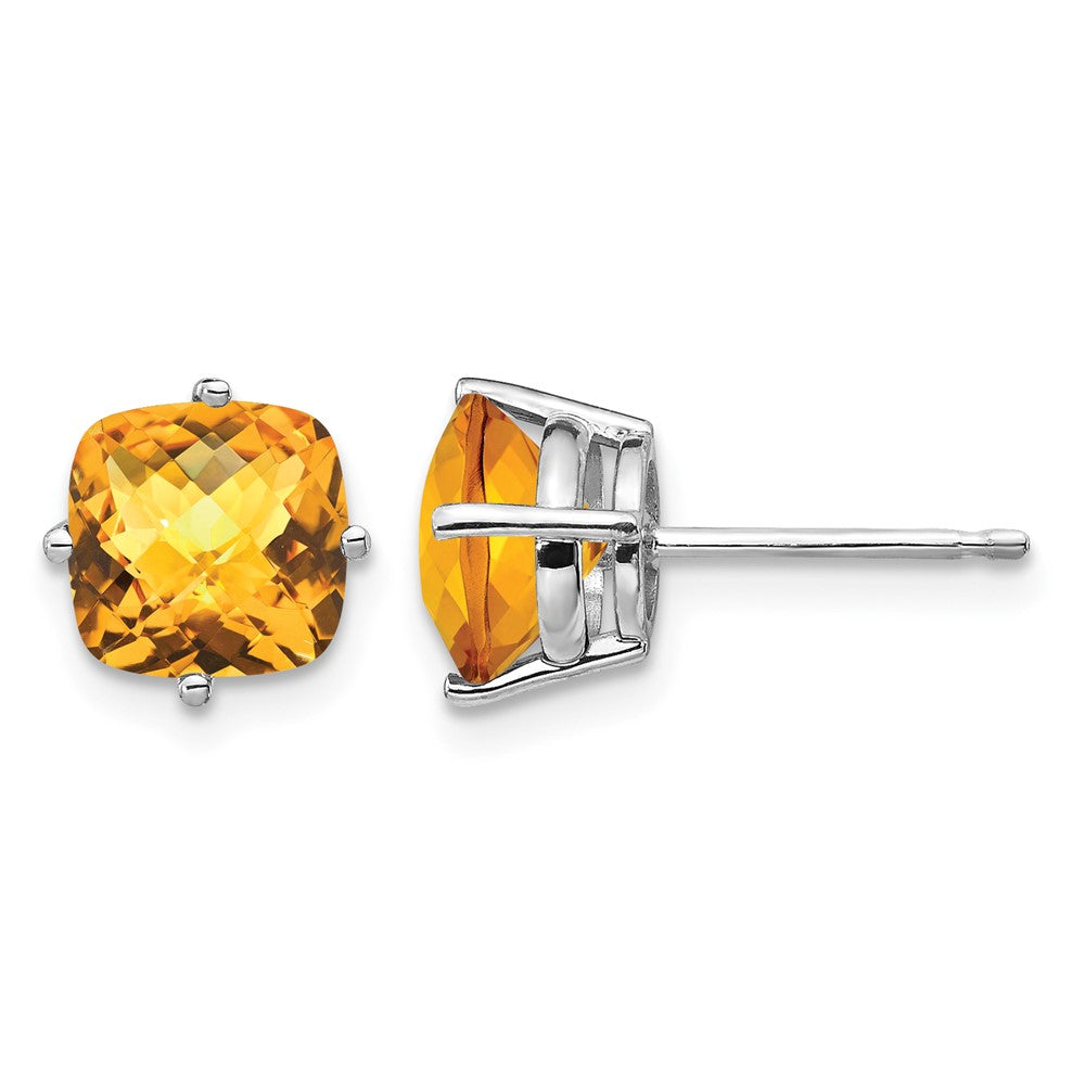 14k White Gold 7mm Cushion Citrine Checkerboard Post Earrings
