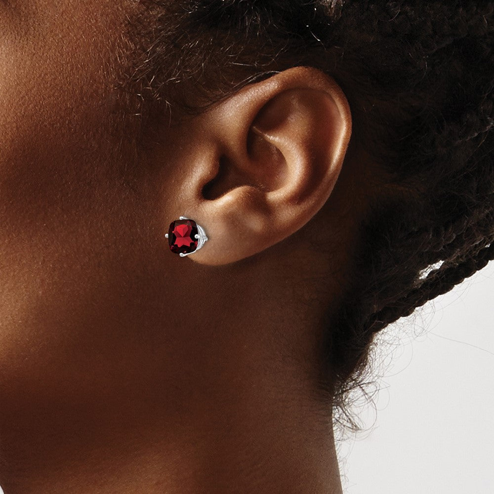 14k White Gold 7mm Cushion Garnet Checkerboard Post Earrings