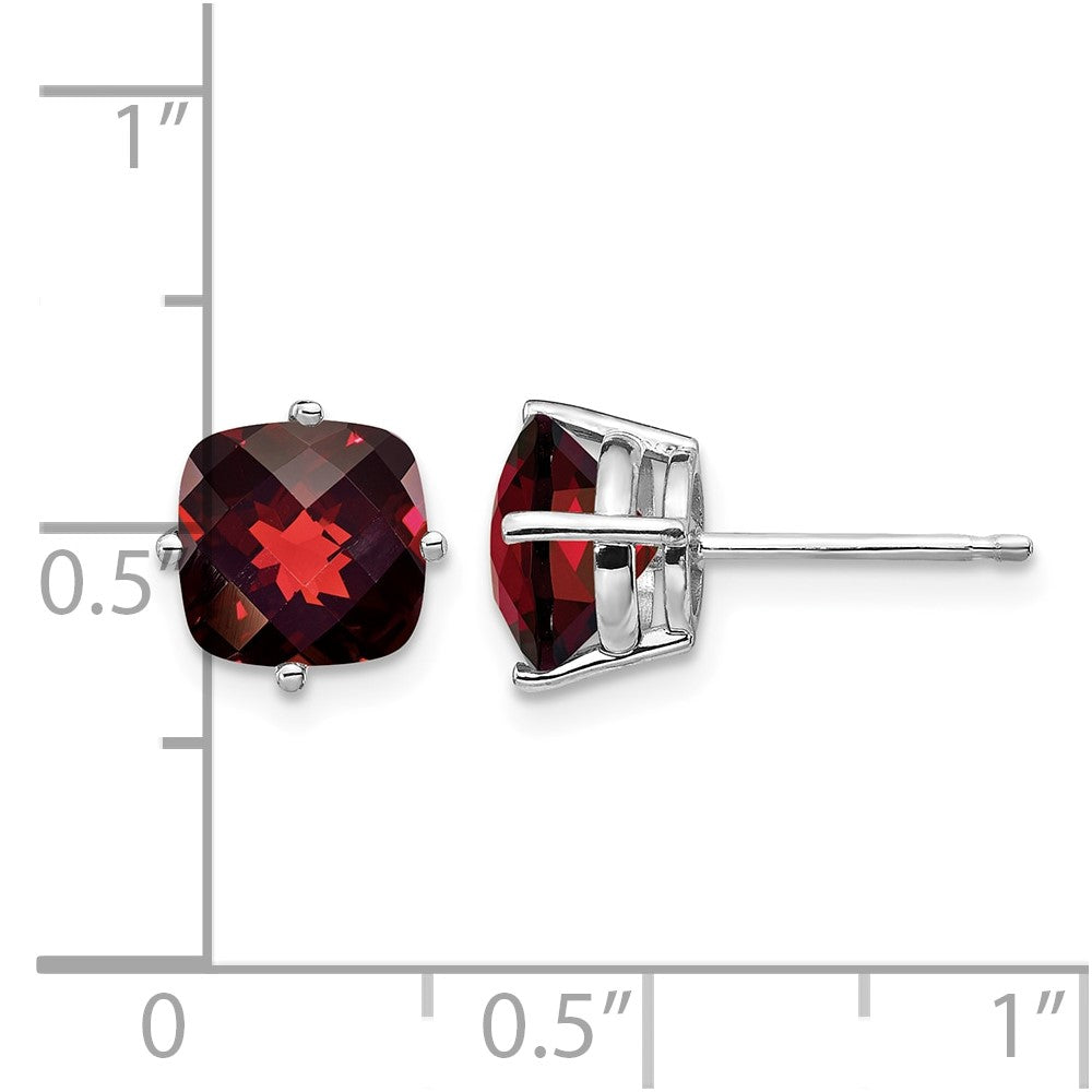14k White Gold 7mm Cushion Garnet Checkerboard Post Earrings