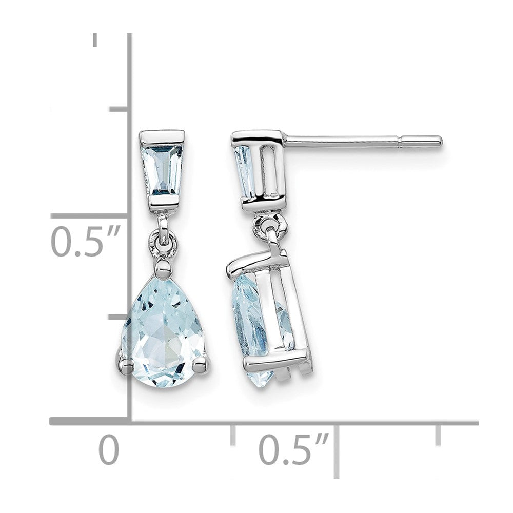 14k White Gold 7x5mm Pear and Baguette Aquamarine Dangle Post Earrings