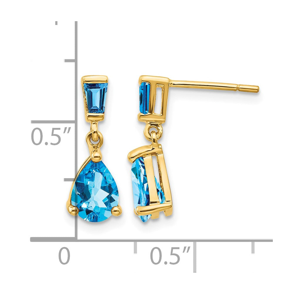 14k Pear/Baguette Blue Topaz Dangle Post Earrings