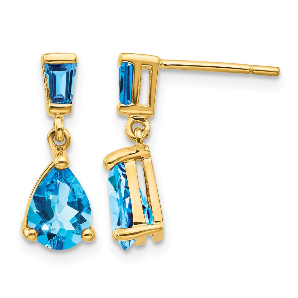 14k Pear/Baguette Blue Topaz Dangle Post Earrings