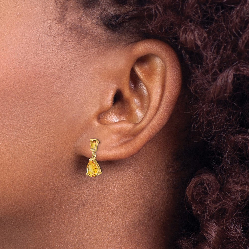 14k Pear/Baguette Citrine Dangle Post Earrings