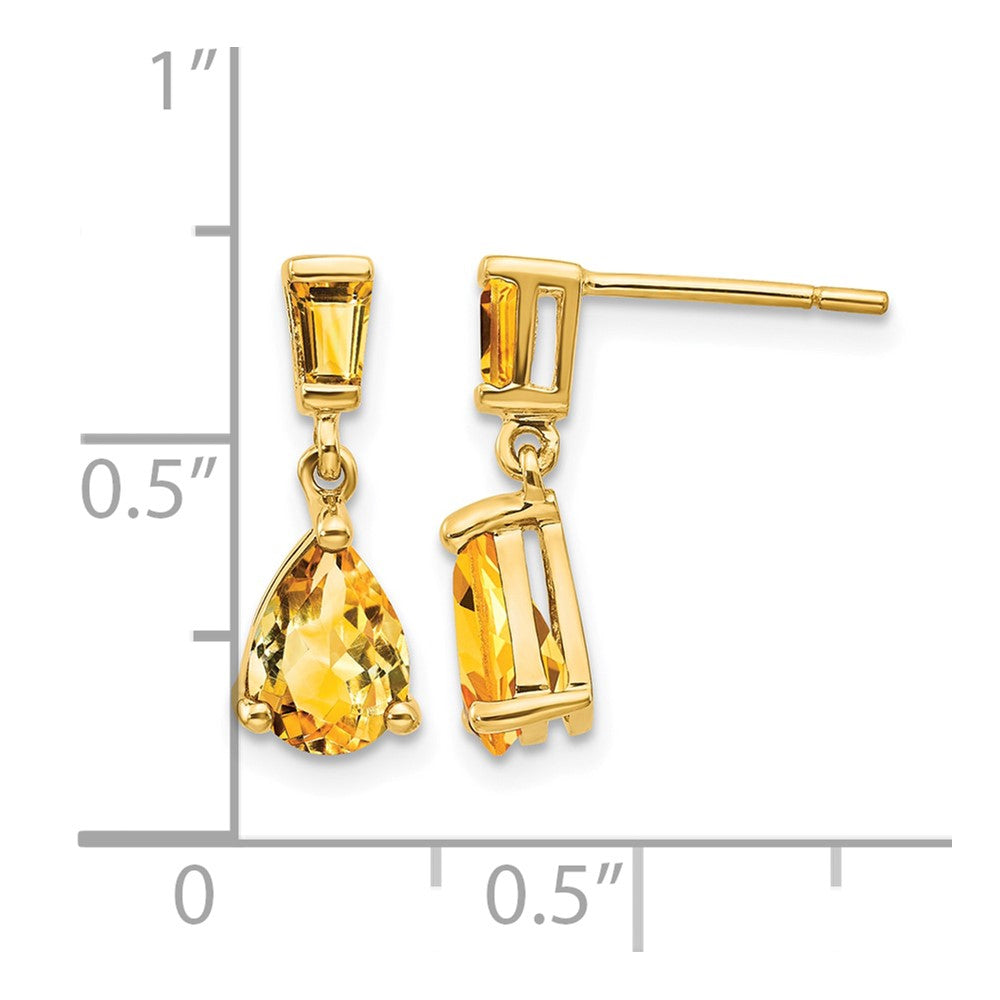 14k Pear/Baguette Citrine Dangle Post Earrings