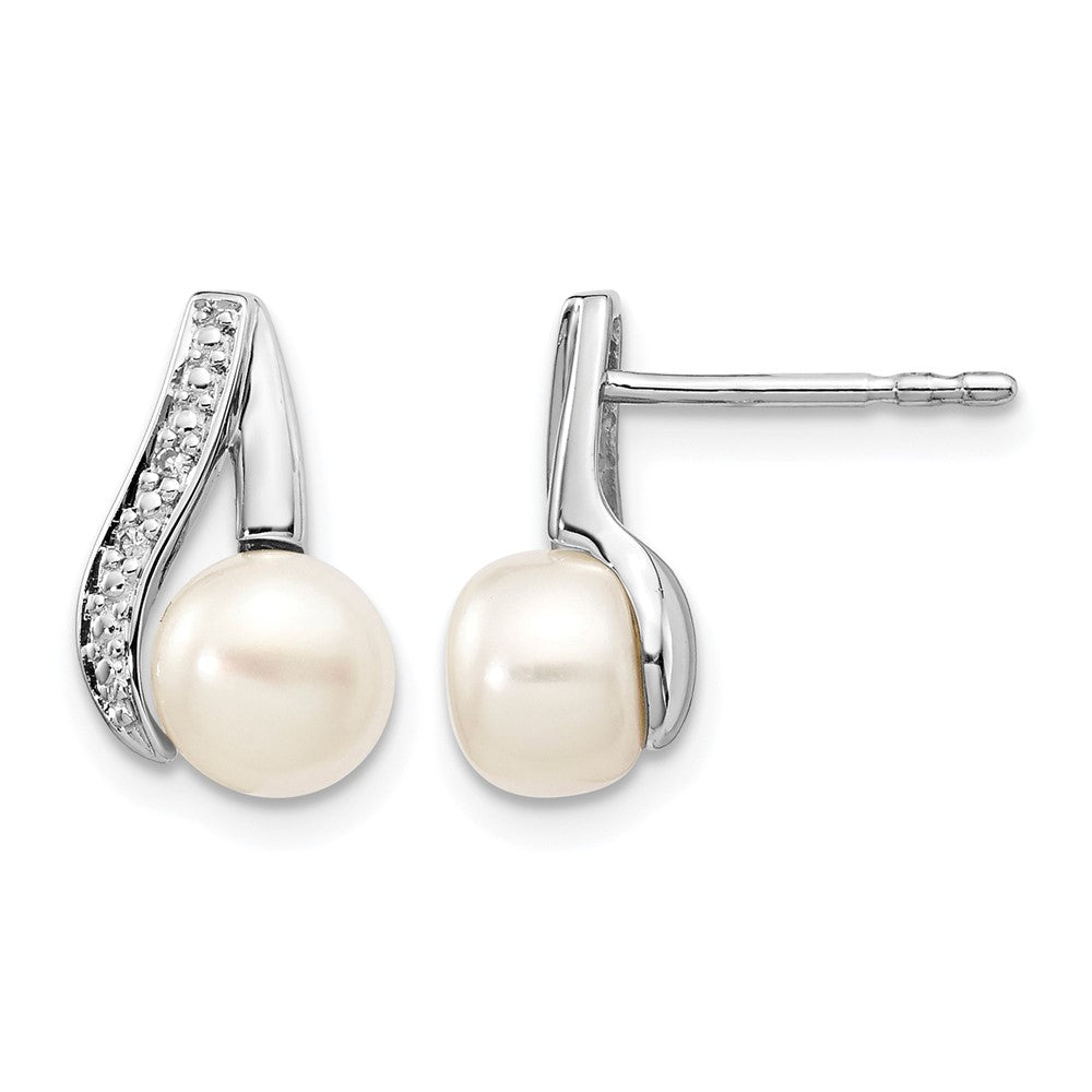 14k White Gold 6-7mm White Button Freshwater Cultured Pearl and .02 carat Diamond Post Earrings