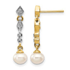 14k and White Rhodium 5-6mm Semi-round White Freshwater Cultured Pearl and .04 carat Diamond Dangle Post Earrings