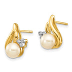 14k and White Rhodium 5-6mm White Button Freshwater Cultured Pearl and .02 carat Diamond Post Earrings