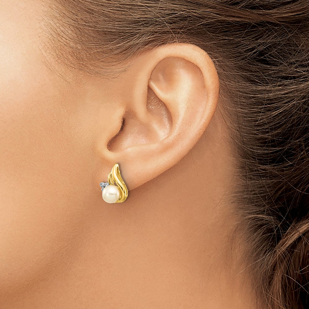 14k and White Rhodium 5-6mm White Button Freshwater Cultured Pearl and .02 carat Diamond Post Earrings