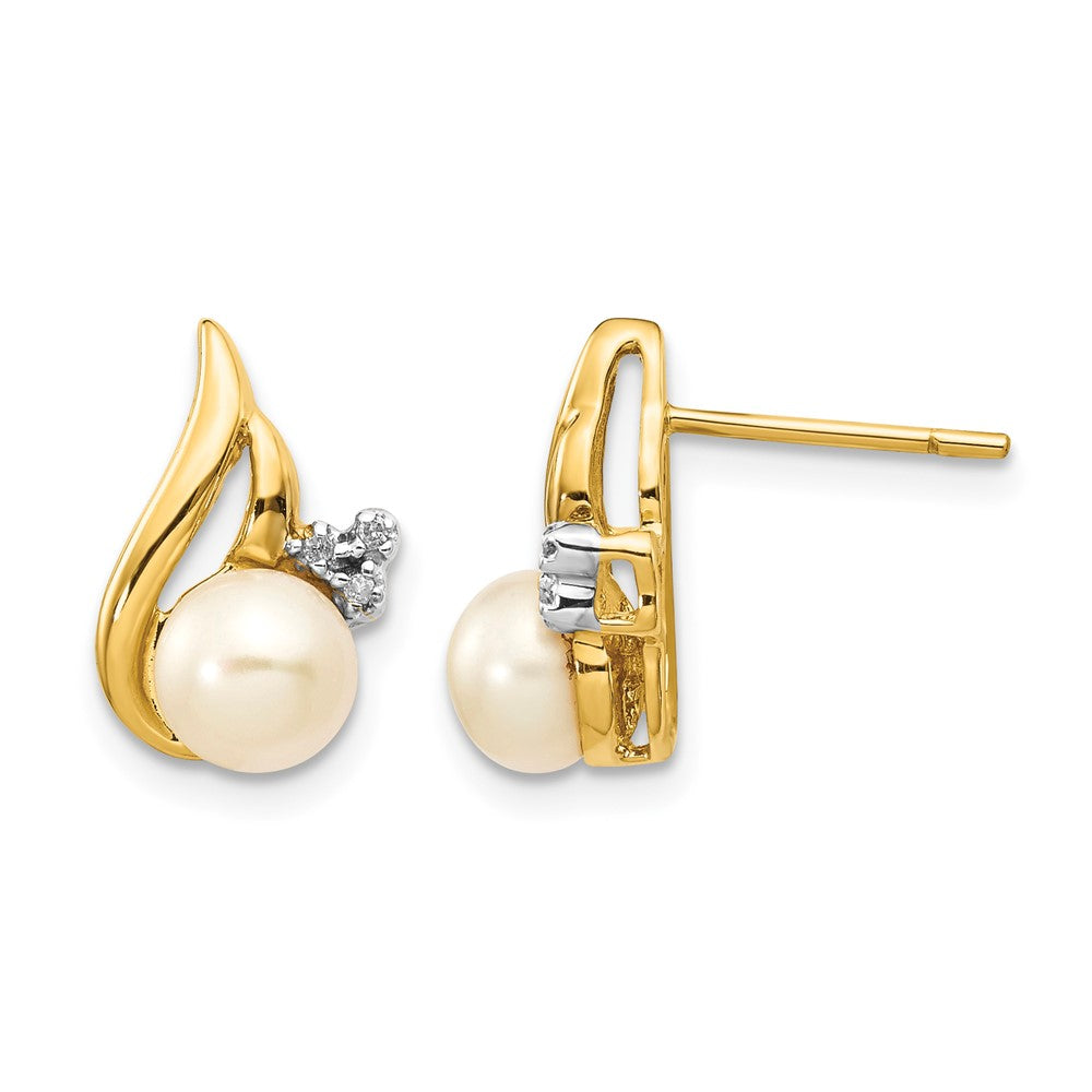14k and White Rhodium 5-6mm White Button Freshwater Cultured Pearl and .02 carat Diamond Post Earrings