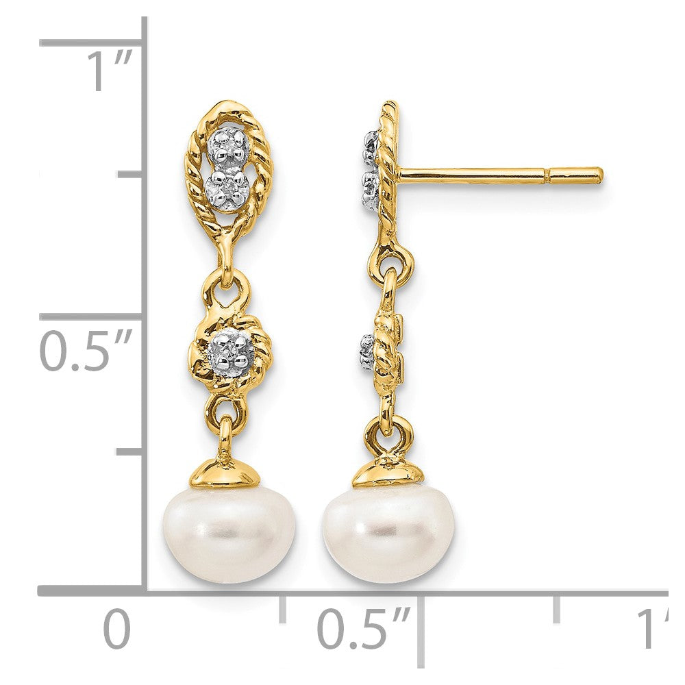 14k and White Rhodium 6-7mm Semi-round White Freshwater Cultured Pearl and .02 carat Diamond Dangle Post Earrings
