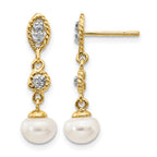 14k and White Rhodium 6-7mm Semi-round White Freshwater Cultured Pearl and .02 carat Diamond Dangle Post Earrings