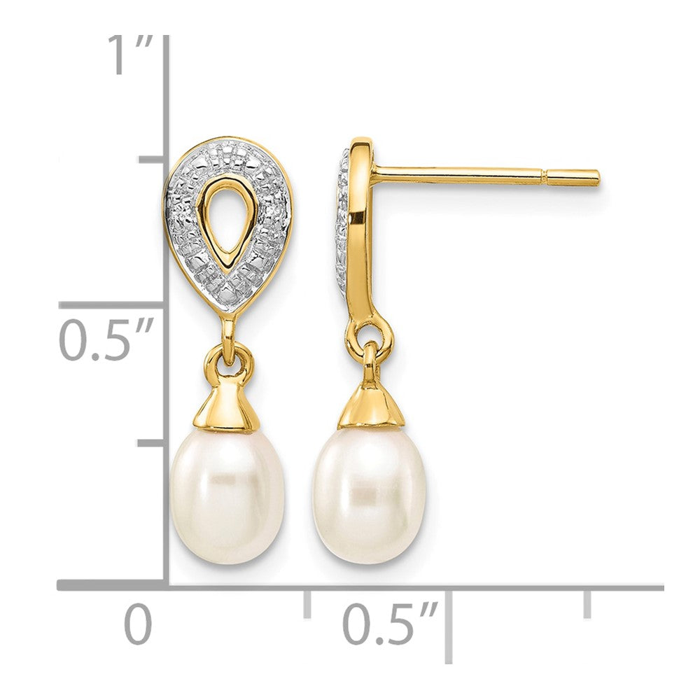 14k 7x5mm White Teardrop Freshwater Cultured Pearl and .01 carat Diamond Dangle Post Earrings