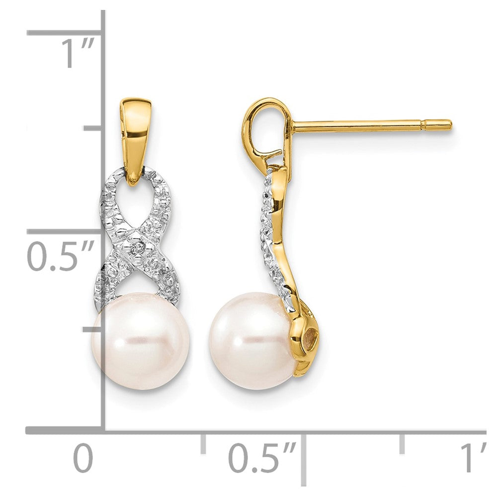 14k 6-7mm White Round Freshwater Cultured Pearl and .01 carat Diamond Ribbon Dangle Post Earrings