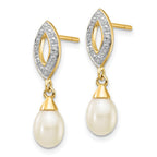 14k 7x5mm White Teardrop Freshwater Cultured Pearl and .01 carat Diamond Dangle Post Earrings