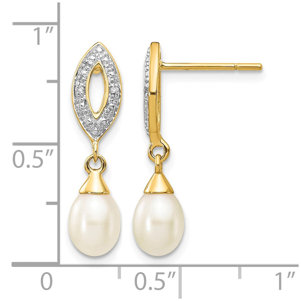 14k 7x5mm White Teardrop Freshwater Cultured Pearl and .01 carat Diamond Dangle Post Earrings