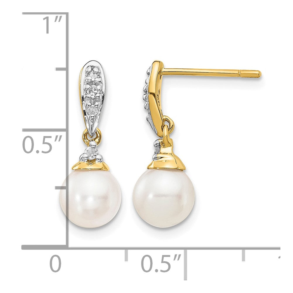 14k 6-7mm White Round Freshwater Cultured Pearl and .08 carat Diamond Dangle Post Earrings