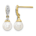 14k 6-7mm White Round Freshwater Cultured Pearl and .08 carat Diamond Dangle Post Earrings