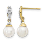 14k 6-7mm White Round Freshwater Cultured Pearl and .08 carat Diamond Dangle Post Earrings