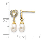 14k 7x5mm White Teardrop Freshwater Cultured Pearl and .01 carat Diamond Heart Dangle Post Earrings