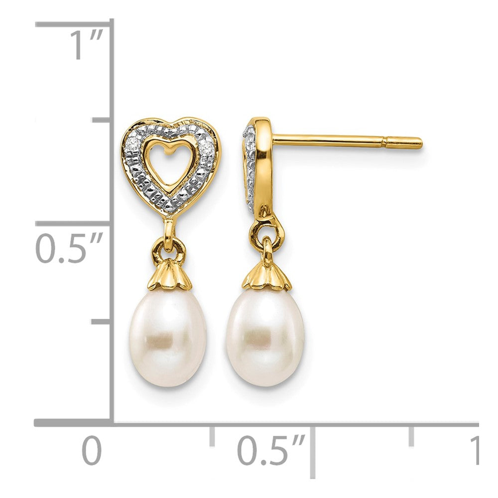 14k 7x5mm White Teardrop Freshwater Cultured Pearl and .01 carat Diamond Heart Dangle Post Earrings