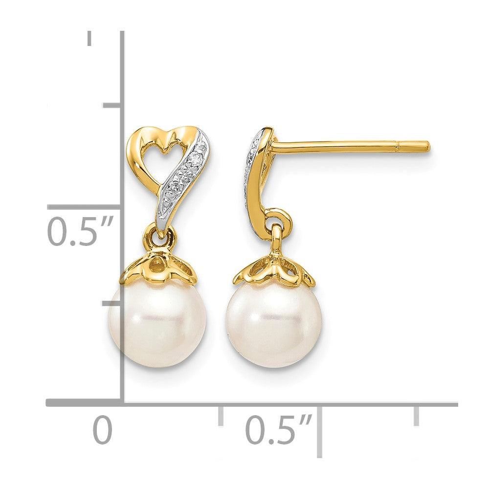 14k 6-7mm White Round Freshwater Cultured Pearl and .01 carat Diamond Heart Dangle Post Earrings