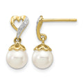 14k 6-7mm White Round Freshwater Cultured Pearl and .01 carat Diamond Heart Dangle Post Earrings