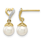 14k 6-7mm White Round Freshwater Cultured Pearl and .01 carat Diamond Heart Dangle Post Earrings