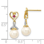 14k 7-8mm White Round Freshwater Cultured Pearl/Lab Created Ruby/.01 carat Diamond Heart Dangle Post Earrings