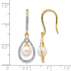 14k 6-7mm White Round Freshwater Cultured Pearl and .02 carat Diamond Shepherd Hook Dangle Earrings