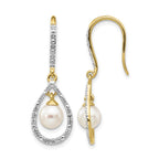 14k 6-7mm White Round Freshwater Cultured Pearl and .02 carat Diamond Shepherd Hook Dangle Earrings