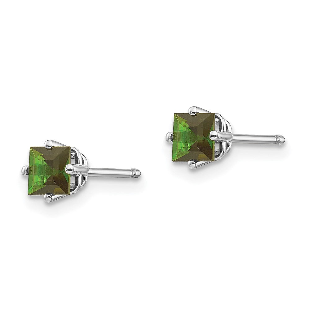 14k White Gold 4mm Princess Green Tourmaline Post Earrings