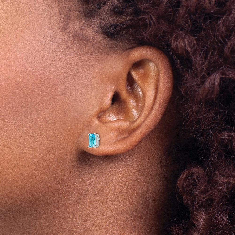 14k White Gold 6x4mm Emerald-cut Blue Topaz Post Earrings
