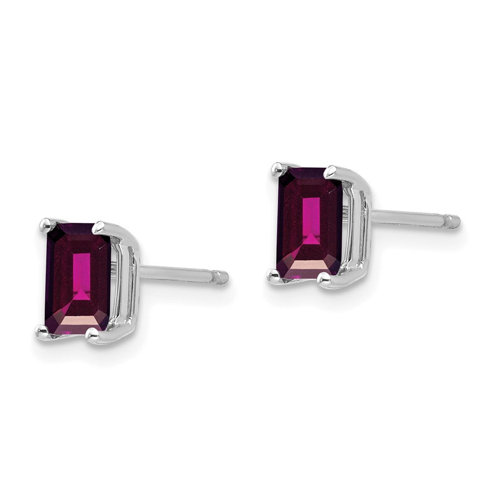 14k White Gold 6x4mm Emerald-Cut Rhodolite Garnet Stud Earrings