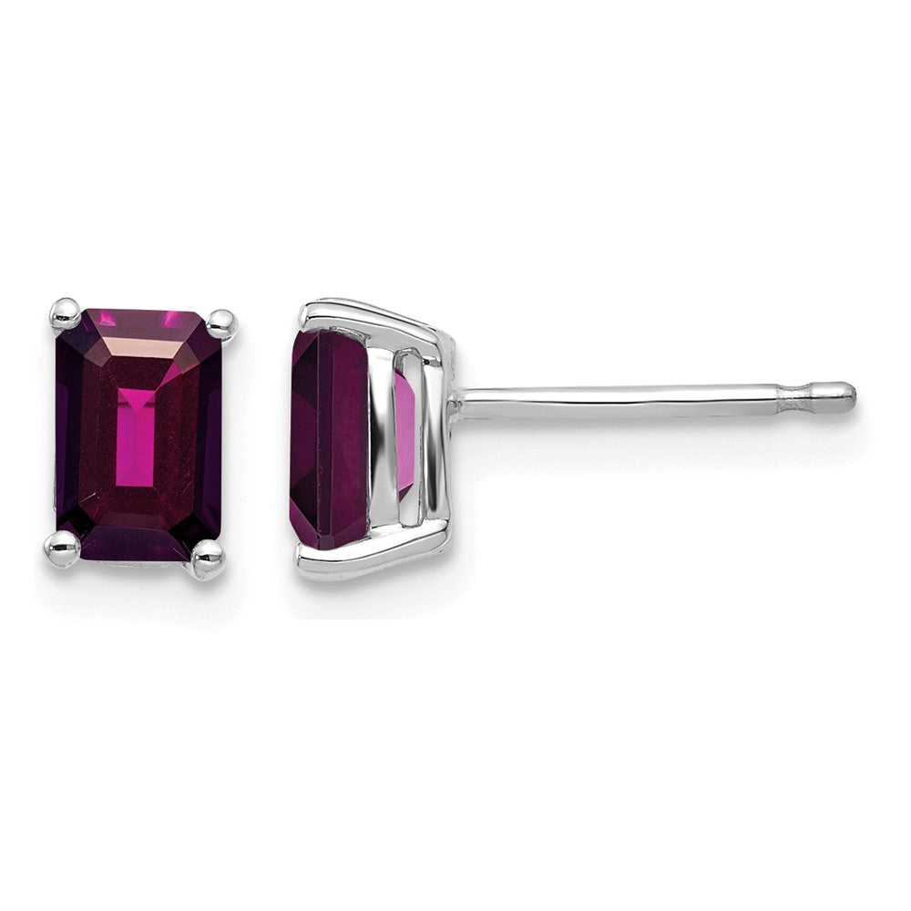 14k White Gold 6x4mm Emerald-Cut Rhodolite Garnet Stud Earrings