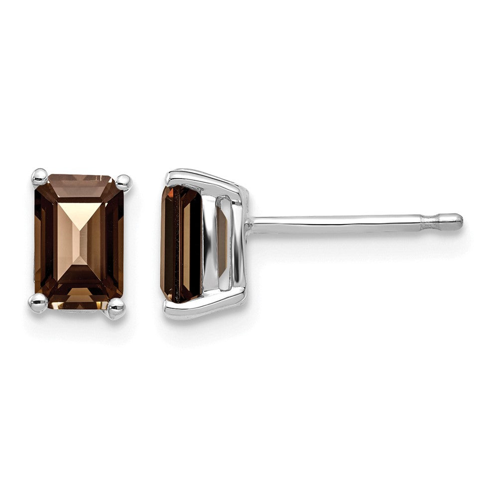 14k White Gold 6x4mm Emerald-cut Smoky Quartz Post Earrings