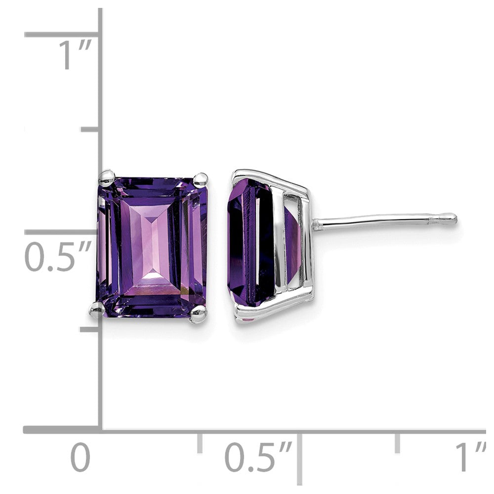 14k White Gold 9x7mm Emerald-Cut Amethyst Post Earrings