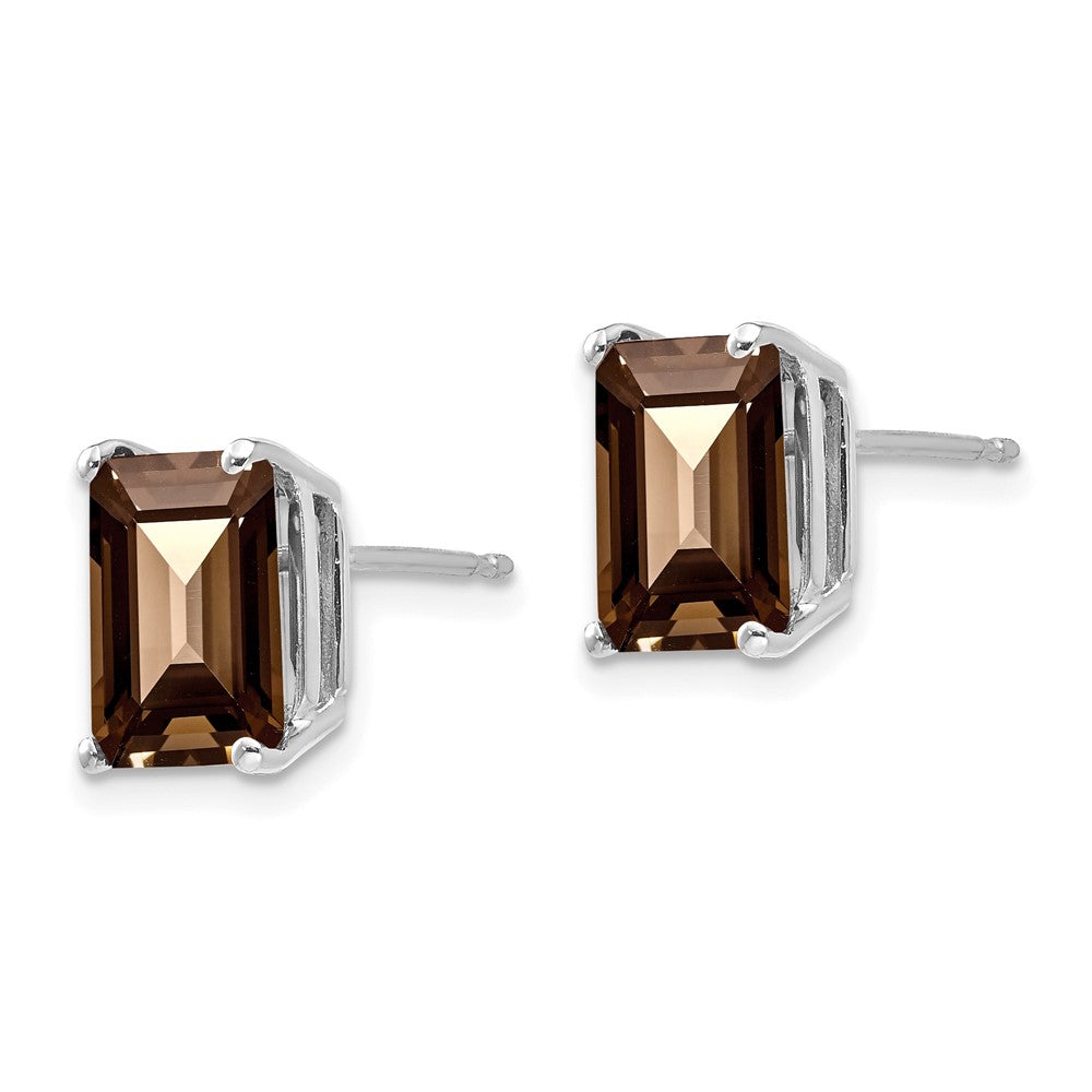 14k White Gold 9x7mm Emerald-cut Smoky Quartz Post Earrings
