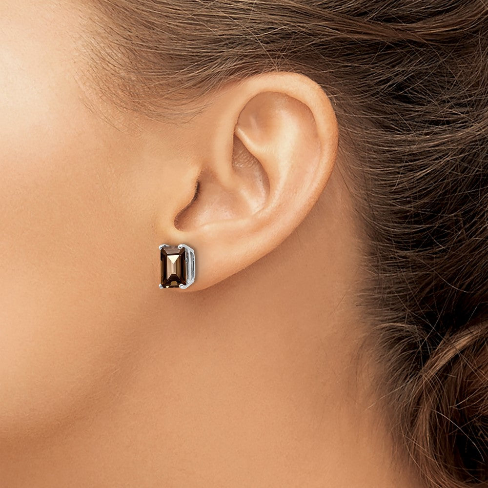 14k White Gold 9x7mm Emerald-cut Smoky Quartz Post Earrings