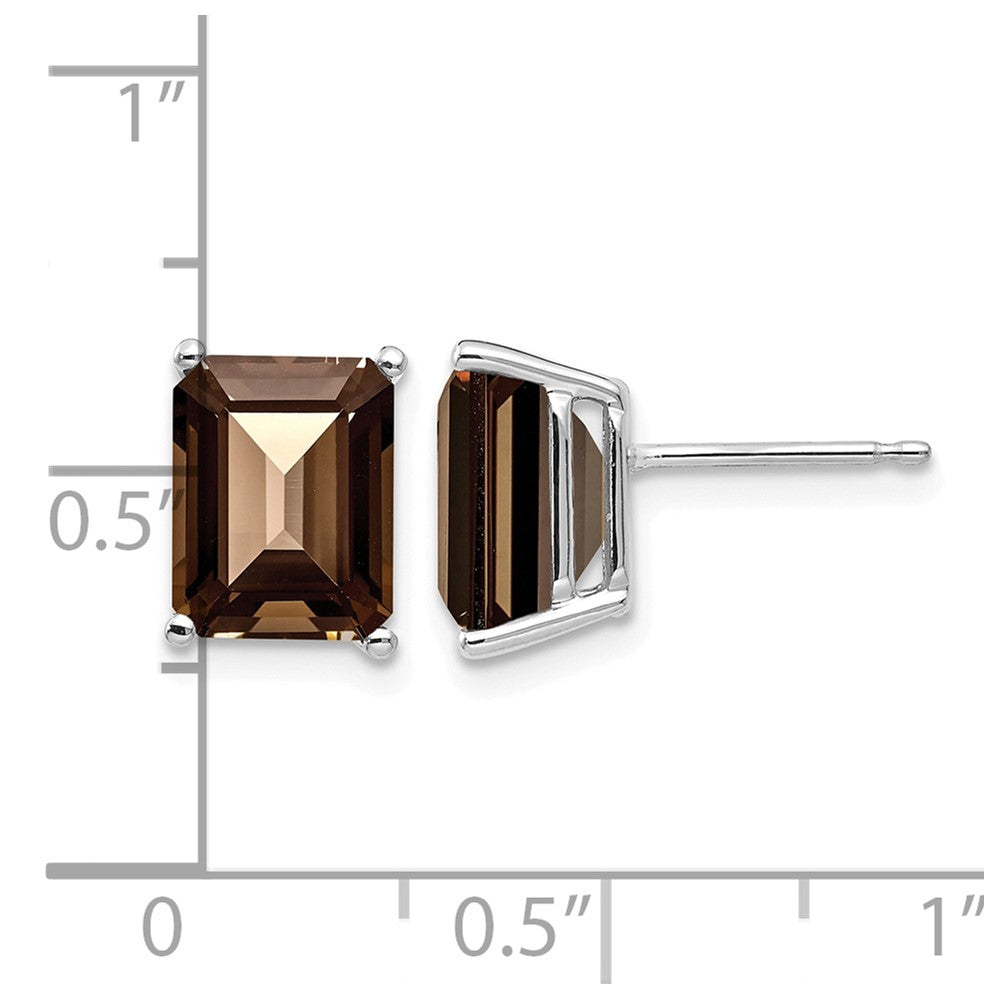 14k White Gold 9x7mm Emerald-cut Smoky Quartz Post Earrings