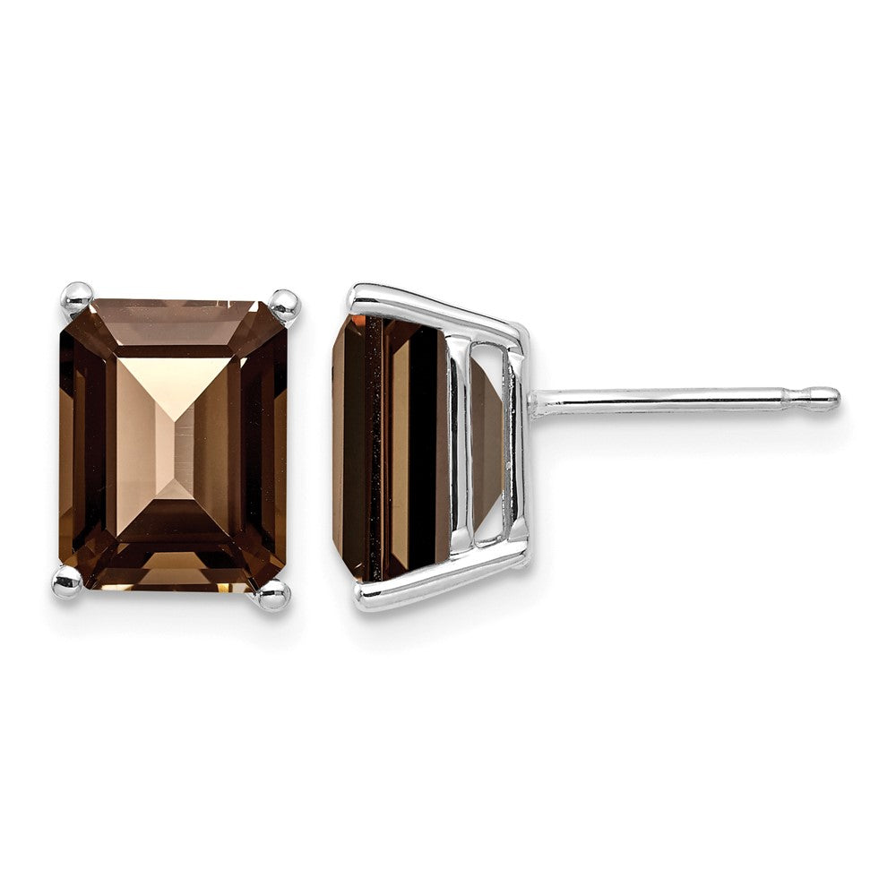 14k White Gold 9x7mm Emerald-cut Smoky Quartz Post Earrings