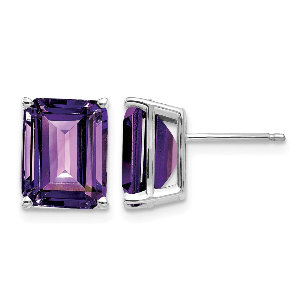 14k White Gold 10x8mm Emerald-Cut Amethyst Stud Post Earrings