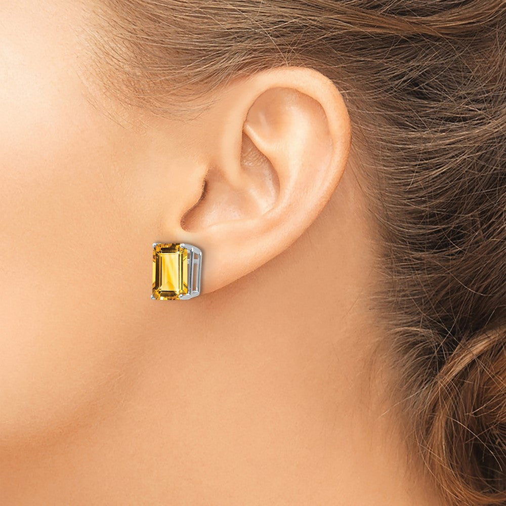 14k White Gold 12x10mm Emerald-Cut Citrine Stud Post Earrings