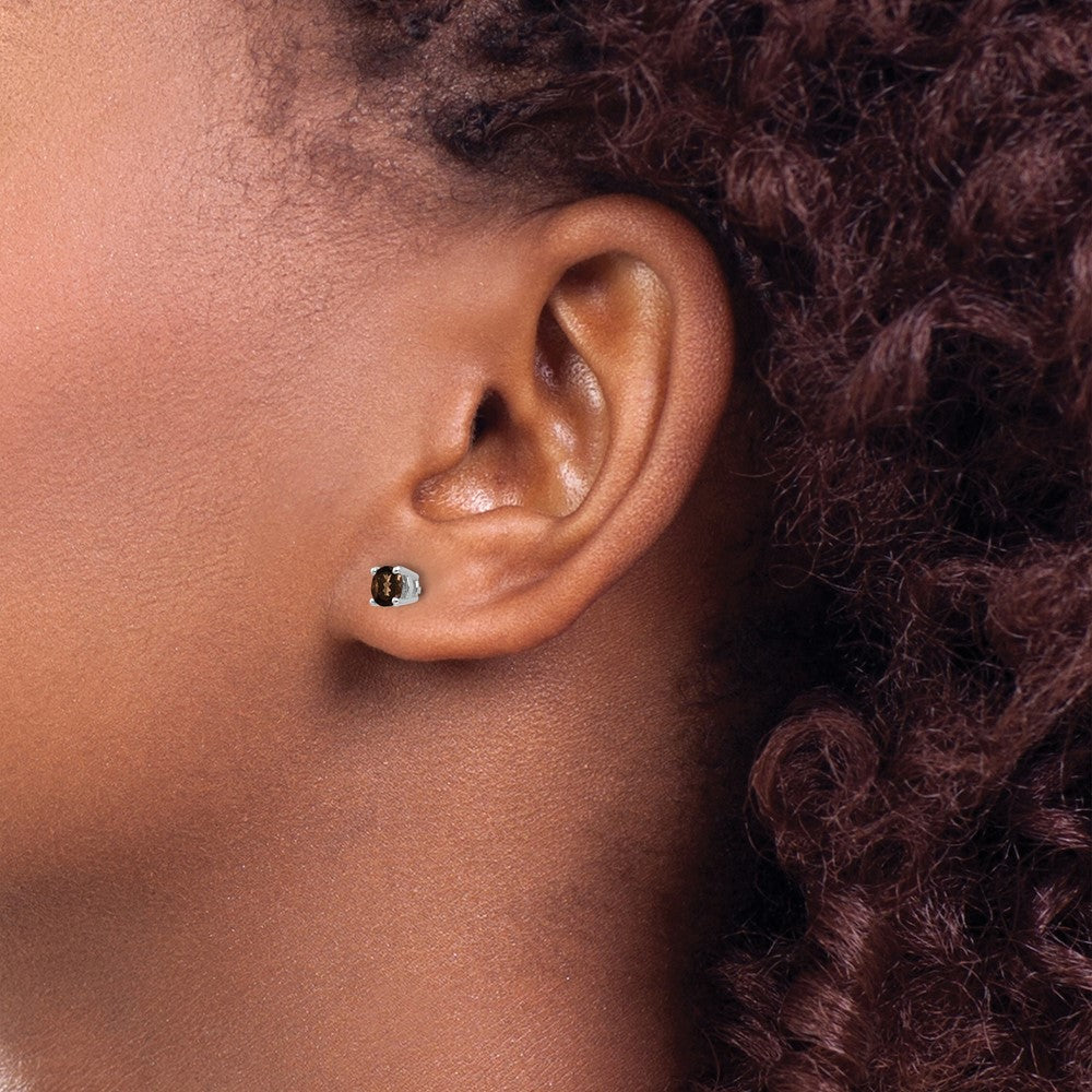 14k White Gold 4mm Round Smoky Quartz Post Earrings